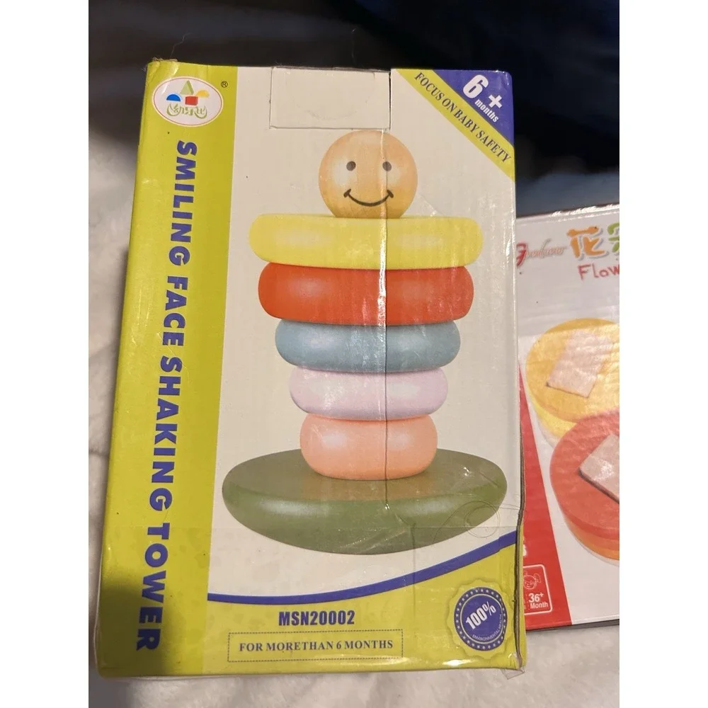 Lot of 2 Wooden Montessori Baby Toys Shape Sorter Stacking Rings Learning 6M
